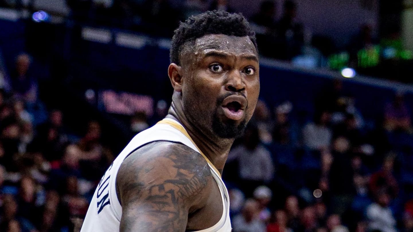 Feb 25, 2025; New Orleans, Louisiana, USA;  New Orleans Pelicans forward Zion Williamson (1) reacts to a play against the San Antonio Spurs during the first half at Smoothie King Center. Mandatory Credit: Stephen Lew-Imagn Images