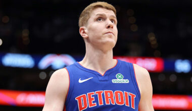 Mar 17, 2026; Washington, District of Columbia, USA; Detroit Pistons guard Kevin Huerter (27) looks on during first half against the Washington Wizards at Capital One Arena. Mandatory Credit: Daniel Kucin Jr.-Imagn Images