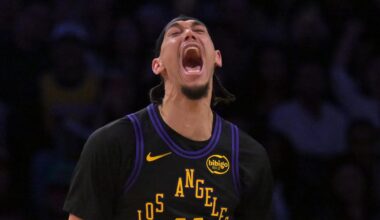 Jan 2, 2026; Los Angeles, California, USA; Los Angeles Lakers center Jaxson Hayes (11) reacts after a dunk in the second half against the Memphis Grizzlies at Crypto.com Arena. Mandatory Credit: Jayne Kamin-Oncea-Imagn Images