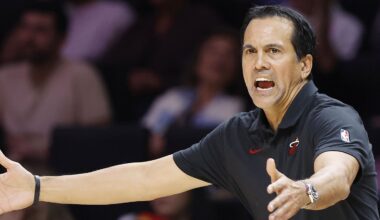 Miami Heat head coach Erik Spoelstra reacts (Mandatory Credit: Rhona Wise-Imagn Images)