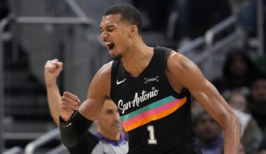 Mar 28, 2026; Milwaukee, Wisconsin, USA;  San Antonio Spurs forward Victor Wembanyama (1) celebrates after scoring a basket during the fourth quarter against the Milwaukee Bucks at Fiserv Forum. Mandatory Credit: Jeff Hanisch-Imagn Images