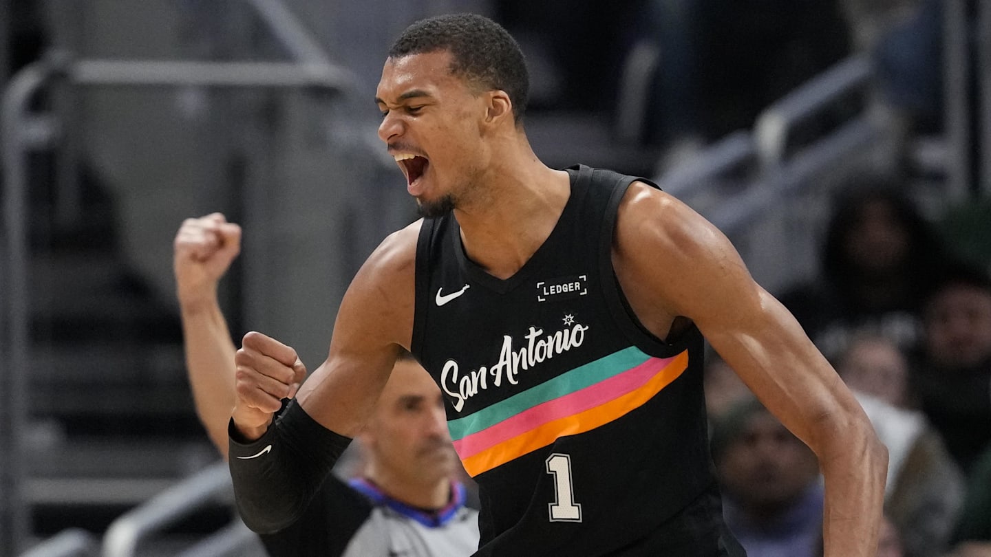 Mar 28, 2026; Milwaukee, Wisconsin, USA;  San Antonio Spurs forward Victor Wembanyama (1) celebrates after scoring a basket during the fourth quarter against the Milwaukee Bucks at Fiserv Forum. Mandatory Credit: Jeff Hanisch-Imagn Images
