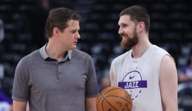 Mar 21, 2026; Salt Lake City, Utah, USA; Utah Jazz head coach Will Hardy (left) and guard Svi Mykhailiuk (right) speak before the game against the Philadelphia 76ers at Delta Center. Mandatory Credit: Rob Gray-Imagn Images