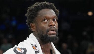 Mar 25, 2026; Minneapolis, Minnesota, USA; Minnesota Timberwolves forward Julius Randle (30) talks with a reporter after the game with the Houston Rockets at Target Center. Mandatory Credit: Bruce Kluckhohn-Imagn Images