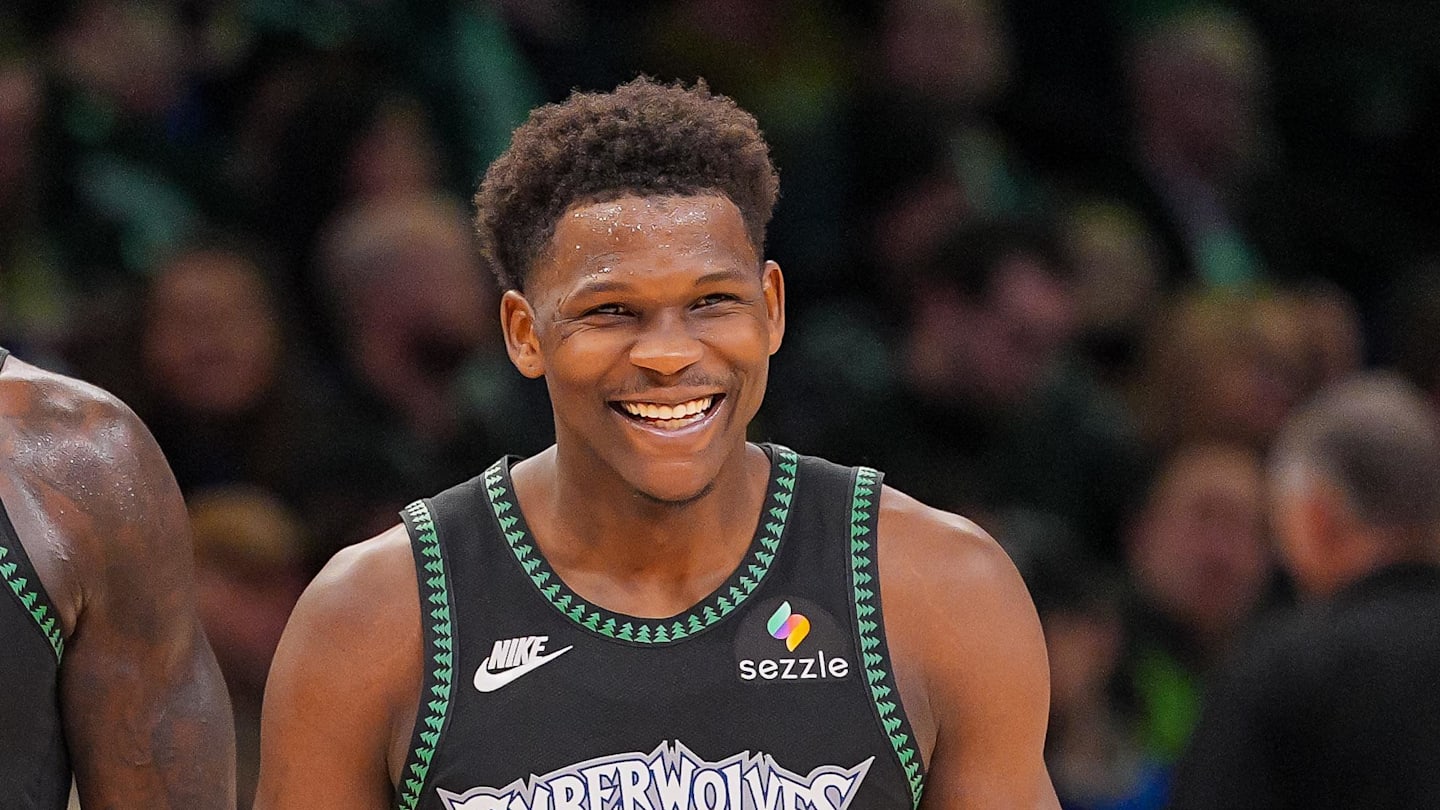 Feb 9, 2026; Minneapolis, Minnesota, USA; Minnesota Timberwolves forward Julius Randle (30) and guard Anthony Edwards (5) laugh after a timeout against the Atlanta Hawks in the fourth quarter at Target Center. Mandatory Credit: Brad Rempel-Imagn Images