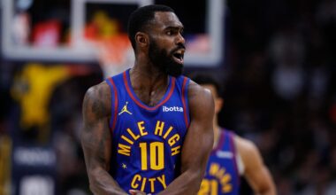Jan 11, 2026; Denver, Colorado, USA; Denver Nuggets guard Tim Hardaway Jr. (10) reacts in the fourth quarter against the Milwaukee Bucks at Ball Arena. Mandatory Credit: Isaiah J. Downing-Imagn Images