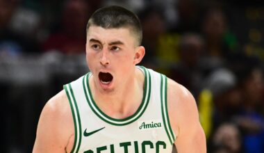 Mar 8, 2026; Cleveland, Ohio, USA; Boston Celtics guard Payton Pritchard (11) celebrates after hitting a three point basket against the Cleveland Cavaliers during the second half at Rocket Arena. Mandatory Credit: Ken Blaze-Imagn Images