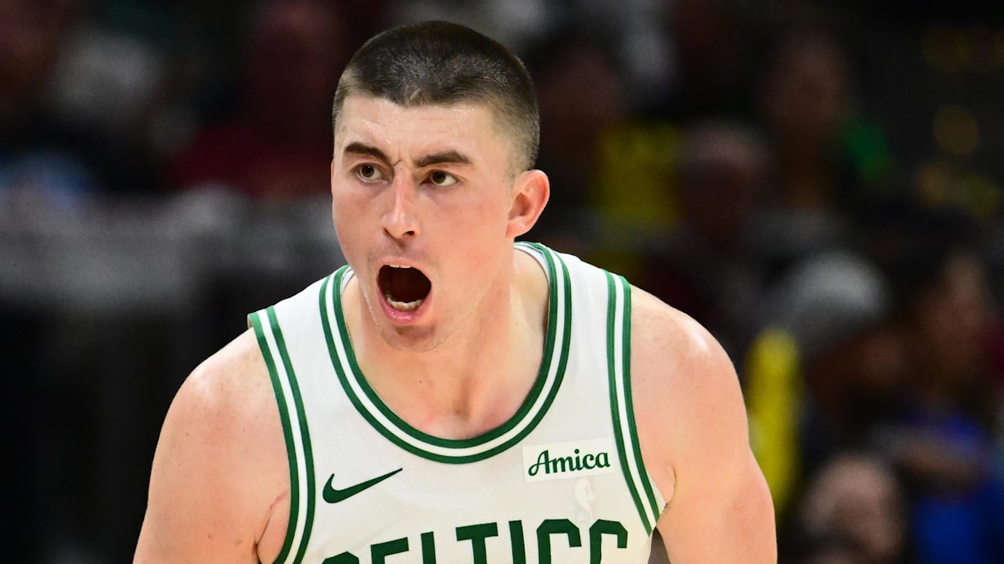 Mar 8, 2026; Cleveland, Ohio, USA; Boston Celtics guard Payton Pritchard (11) celebrates after hitting a three point basket against the Cleveland Cavaliers during the second half at Rocket Arena. Mandatory Credit: Ken Blaze-Imagn Images
