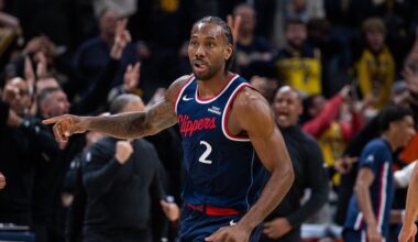 Mar 27, 2026; Indianapolis, Indiana, USA;  LA Clippers forward Kawhi Leonard (2) celebrates the game winning shot in the second half against the Indiana Pacers at Gainbridge Fieldhouse. Mandatory Credit: Trevor Ruszkowski-Imagn Images