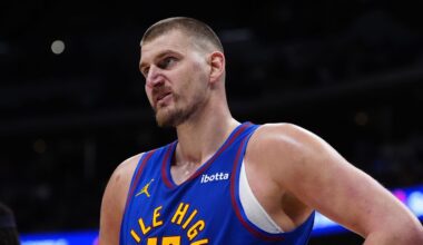 Mar 22, 2026; Denver, Colorado, USA; Denver Nuggets center Nikola Jokic (15) looks on in the second half against the Portland Trail Blazers at Ball Arena. Mandatory Credit: Ron Chenoy-Imagn Images