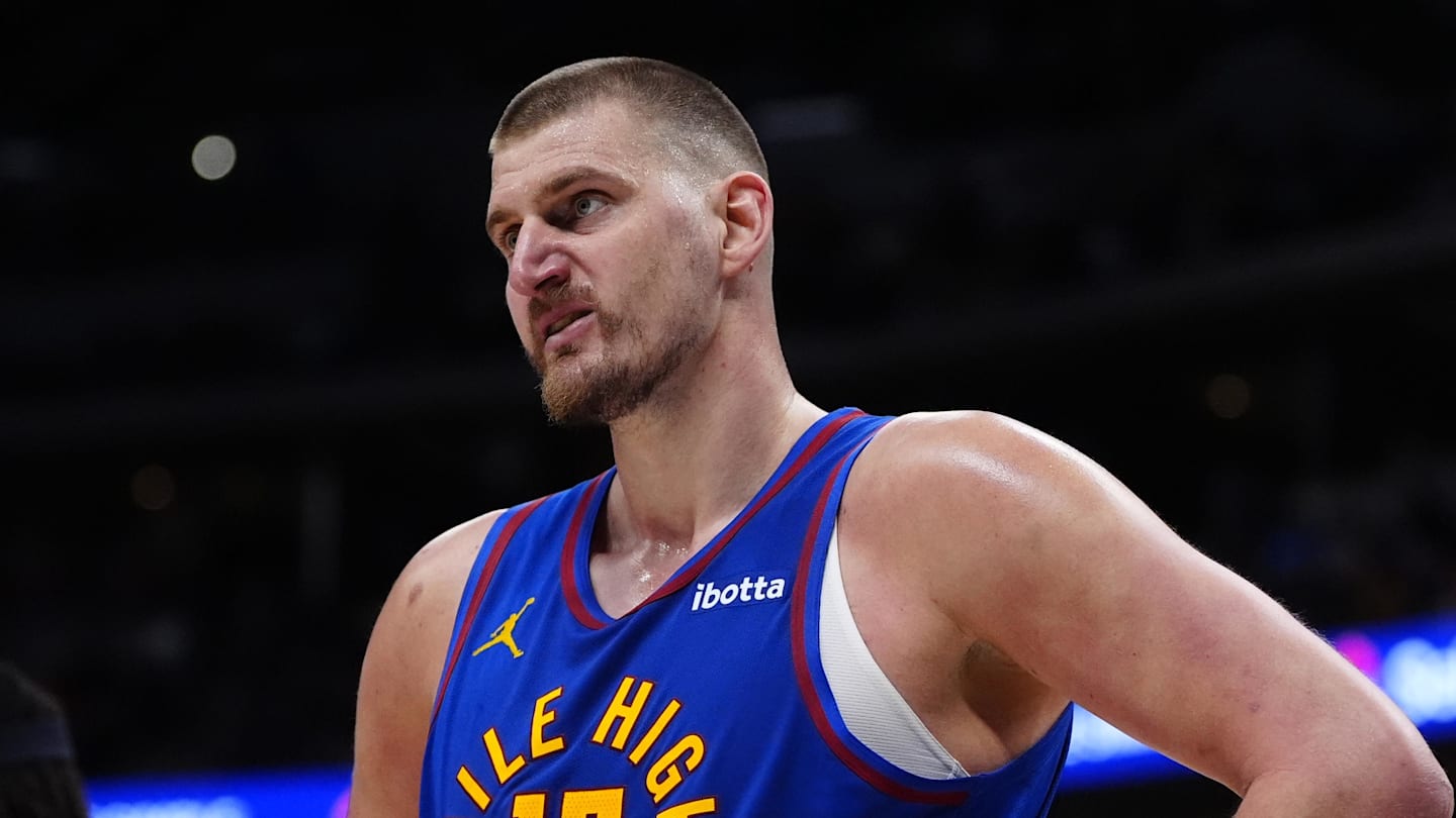 Mar 22, 2026; Denver, Colorado, USA; Denver Nuggets center Nikola Jokic (15) looks on in the second half against the Portland Trail Blazers at Ball Arena. Mandatory Credit: Ron Chenoy-Imagn Images