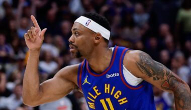 Mar 29, 2026; Denver, Colorado, USA; Denver Nuggets guard Bruce Brown (11) reacts after a play in the second quarter against the Golden State Warriors at Ball Arena. Mandatory Credit: Isaiah J. Downing-Imagn Images
