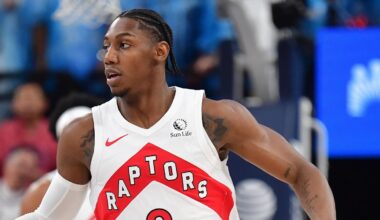 Mar 25, 2026; Inglewood, California, USA; Toronto Raptors forward RJ Barrett (9) moves the ball up court against the Los Angeles Clippers during the first half at Intuit Dome. Mandatory Credit: Gary A. Vasquez-Imagn Images