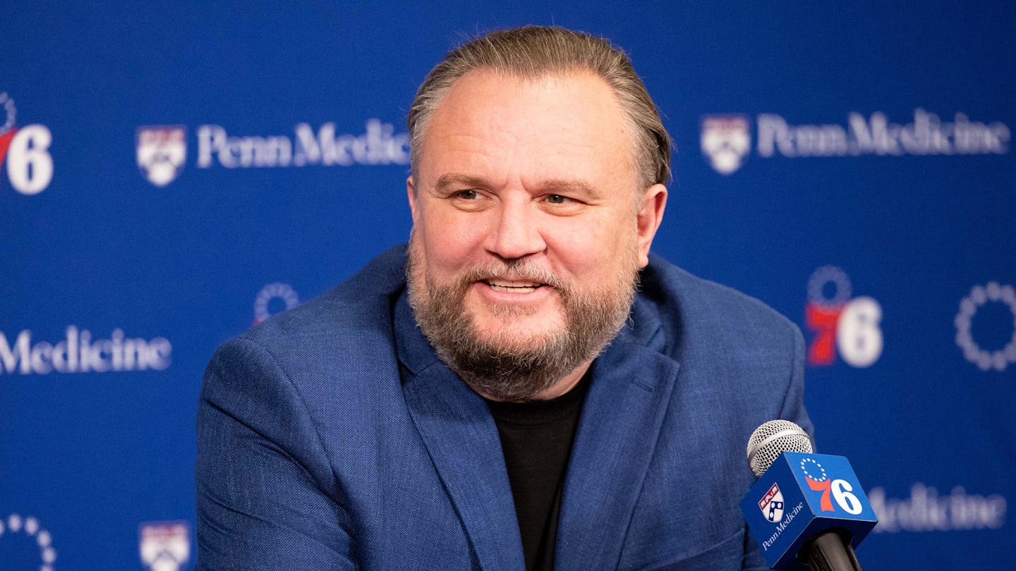 Dec 15, 2023; Philadelphia, Pennsylvania, USA; Philadelphia 76ers resident of Basketball Operations Daryl Morey speaks with the media before a game against the Detroit Pistons at Wells Fargo Center. Mandatory Credit: Bill Streicher-Imagn Images