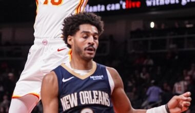 Dec 26, 2025; New Orleans, Louisiana, USA; New Orleans Pelicans guard Jordan Poole (3) reacts after making a three point basket and getting a foul shot after being fouled by the Phoenix Suns during the first half at Smoothie King Center. Mandatory Credit: Matthew Hinton-Imagn Images