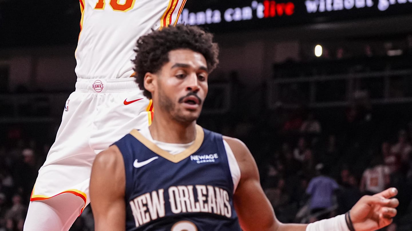 Dec 26, 2025; New Orleans, Louisiana, USA; New Orleans Pelicans guard Jordan Poole (3) reacts after making a three point basket and getting a foul shot after being fouled by the Phoenix Suns during the first half at Smoothie King Center. Mandatory Credit: Matthew Hinton-Imagn Images