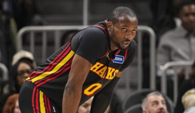 Feb 24, 2026; Atlanta, Georgia, USA; Atlanta Hawks forward Jonathan Kuminga (0) on the court against the Washington Wizards during the first half at State Farm Arena. Mandatory Credit: Dale Zanine-Imagn Images