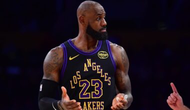 Dec 30, 2025; Los Angeles, California, USA; Los Angeles Lakers forward LeBron James (23) reacts during the second half at Crypto.com Arena. Mandatory Credit: Gary A. Vasquez-Imagn Images