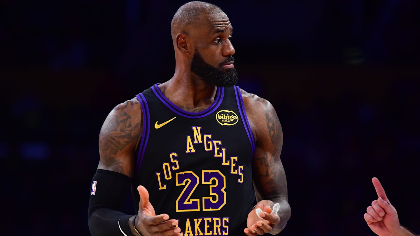 Dec 30, 2025; Los Angeles, California, USA; Los Angeles Lakers forward LeBron James (23) reacts during the second half at Crypto.com Arena. Mandatory Credit: Gary A. Vasquez-Imagn Images