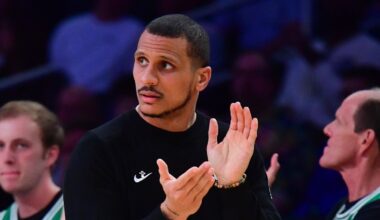 Feb 22, 2026; Los Angeles, California, USA; Boston Celtics head coach Joe Mazzulla watches game action against the Los Angeles Lakers during the second half at Crypto.com Arena. Mandatory Credit: Gary A. Vasquez-Imagn Images