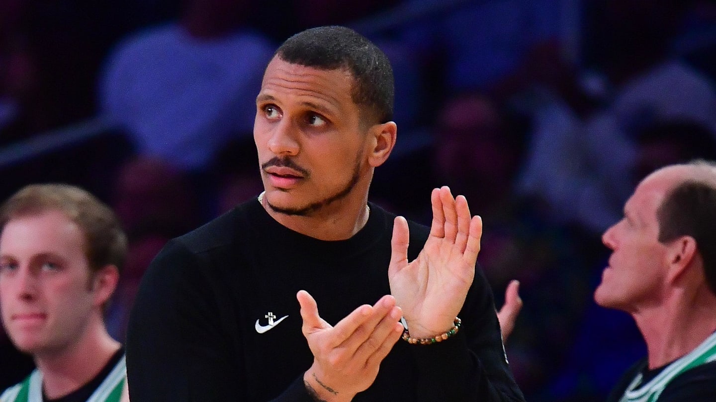 Feb 22, 2026; Los Angeles, California, USA; Boston Celtics head coach Joe Mazzulla watches game action against the Los Angeles Lakers during the second half at Crypto.com Arena. Mandatory Credit: Gary A. Vasquez-Imagn Images