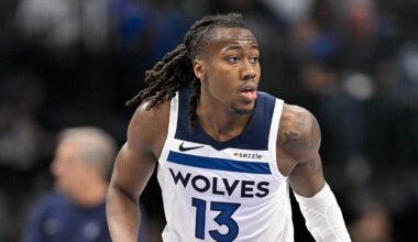 Mar 30, 2026; Dallas, Texas, USA; Minnesota Timberwolves guard Ayo Dosunmu (13) brings the ball up court against the Dallas Mavericks during the second quarter at the American Airlines Center. Mandatory Credit: Jerome Miron-Imagn Images