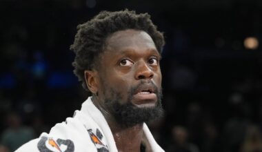 Mar 25, 2026; Minneapolis, Minnesota, USA; Minnesota Timberwolves forward Julius Randle (30) talks with a reporter after the game with the Houston Rockets at Target Center. Mandatory Credit: Bruce Kluckhohn-Imagn Images