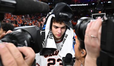 Mar 28, 2026; Houston, TX, USA; Illinois Fighting Illini guard Keaton Wagler (23) speaks to media after defeating the Iowa Hawkeyes in an Elite Eight game of the South Regional of the men's 2026 NCAA Tournament at Toyota Center. Mandatory Credit: Maria Lysaker-Imagn Images