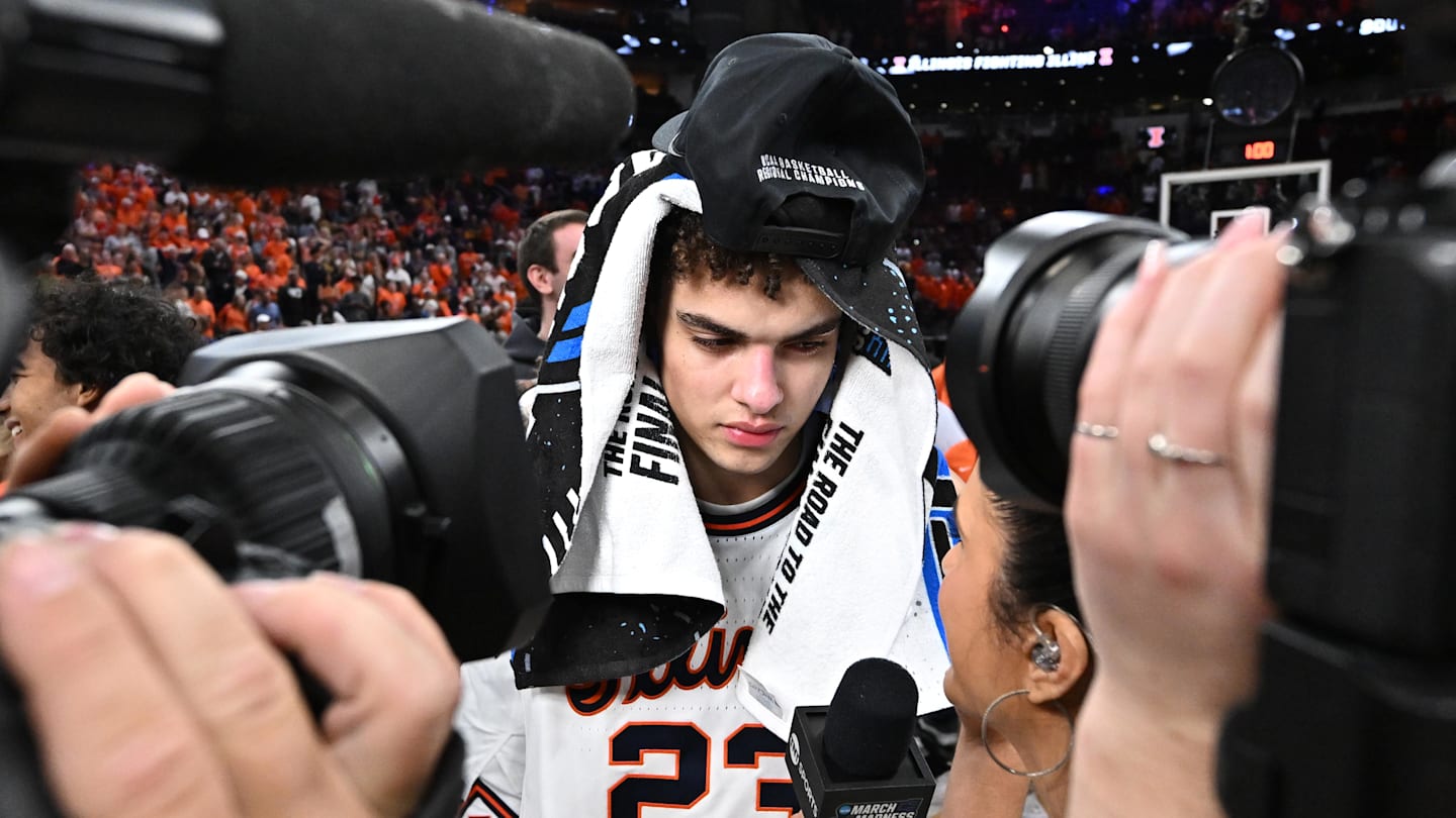 Mar 28, 2026; Houston, TX, USA; Illinois Fighting Illini guard Keaton Wagler (23) speaks to media after defeating the Iowa Hawkeyes in an Elite Eight game of the South Regional of the men's 2026 NCAA Tournament at Toyota Center. Mandatory Credit: Maria Lysaker-Imagn Images