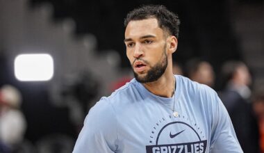 Mar 23, 2026; Atlanta, Georgia, USA; Memphis Grizzlies forward Tyler Burton (5) warms up on the court before the game against the Atlanta Hawks at State Farm Arena. Mandatory Credit: Dale Zanine-Imagn Images