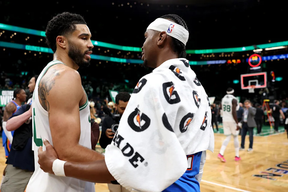 BOSTON, MASSACHUSETTS - MARCH 25: Jaylen Brown #7 of the Boston Celtics talks with Shai Gilgeous-Alexander #2 of the Oklahoma City Thunder after the Celtics defeat the Thunder 119-109 at TD Garden on March 25, 2026 in Boston, Massachusetts. NOTE TO USER: User expressly acknowledges and agrees that, by downloading and/or using this Photograph, user is consenting to the terms and conditions of the Getty Images License Agreement. (Photo by Maddie Meyer/Getty Images)