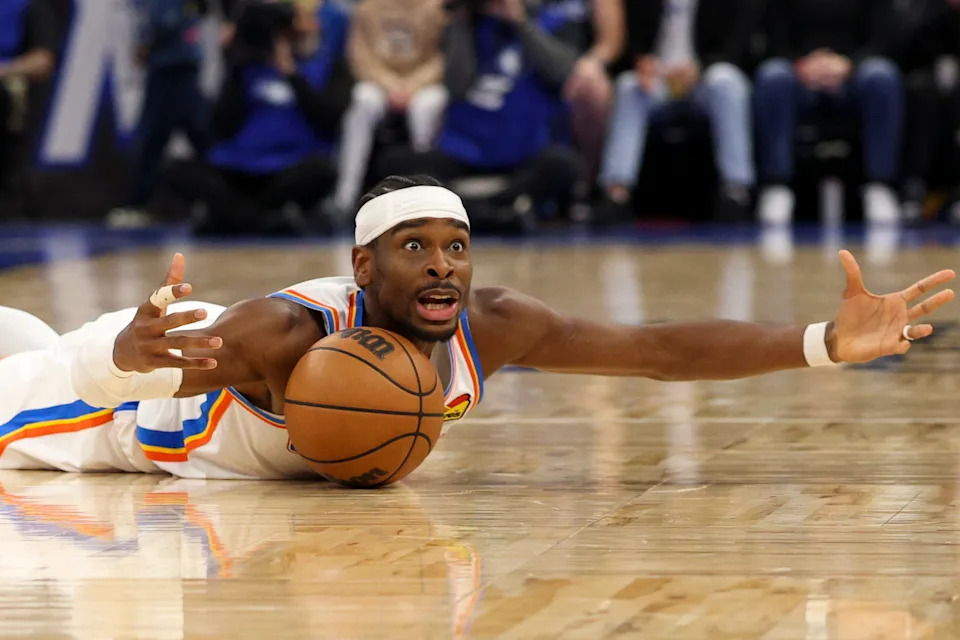 Mar 17, 2026; Orlando, Florida, USA; Oklahoma City Thunder guard Shai Gilgeous-Alexander (2) reacts after a loose ball against the Orlando Magic in the second quarter at Kia Center. Mandatory Credit: Nathan Ray Seebeck-Imagn Images