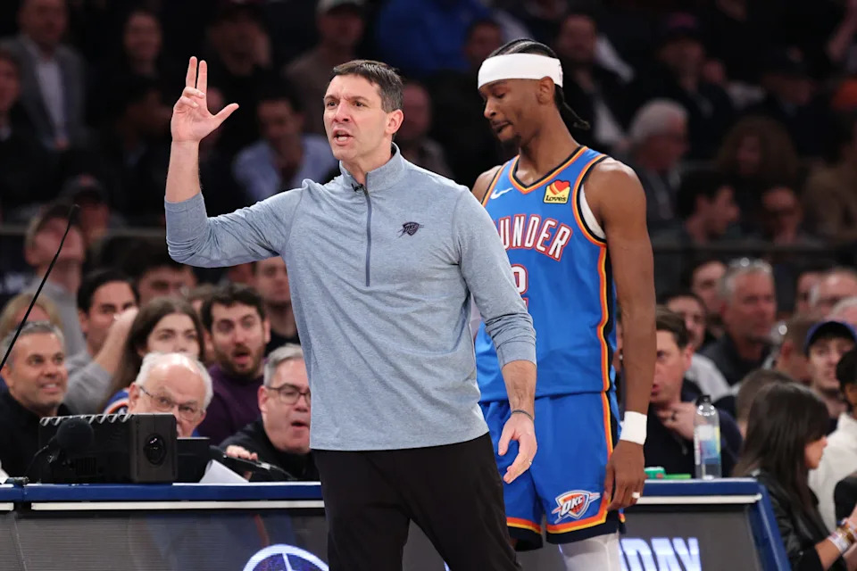 Mar 4, 2026; New York, New York, USA; Oklahoma City Thunder head coach Mark Daigneault reacts during the first half against the New York Knicks at Madison Square Garden. Mandatory Credit: Vincent Carchietta-Imagn Images