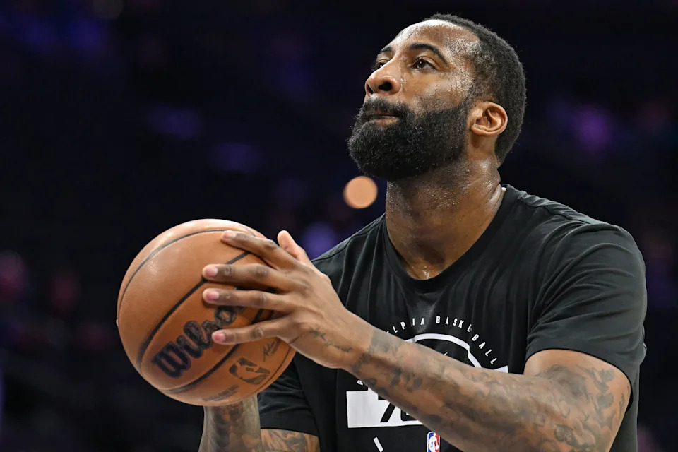Mar 15, 2026; Philadelphia, Pennsylvania, USA; Philadelphia 76ers center Andre Drummond (1) during warmups against the Portland Trail Blazers at Xfinity Mobile Arena. Mandatory Credit: Eric Hartline-Imagn Images