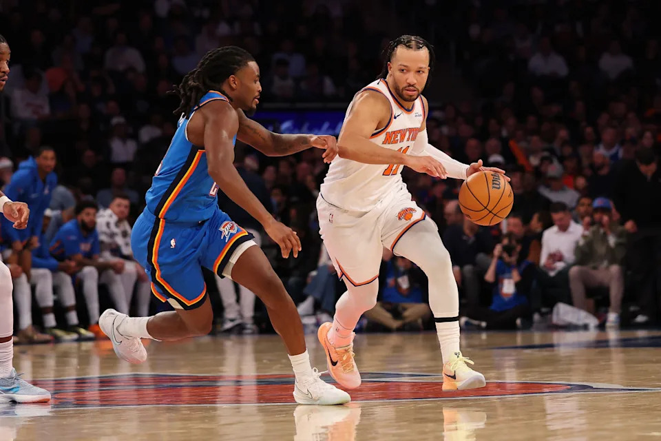 NEW YORK, NEW YORK - MARCH 04: Jalen Brunson #11 of the New York Knicks dribbles the ball against Shai Gilgeous-Alexander #2 of the Oklahoma City Thunder during the third quarter at Madison Square Garden on March 04, 2026 in New York City. NOTE TO USER: User expressly acknowledges and agrees that, by downloading and or using this photograph, user is consenting to the terms and conditions of the Getty Images License Agreement. (Photo by Ishika Samant/Getty Images)