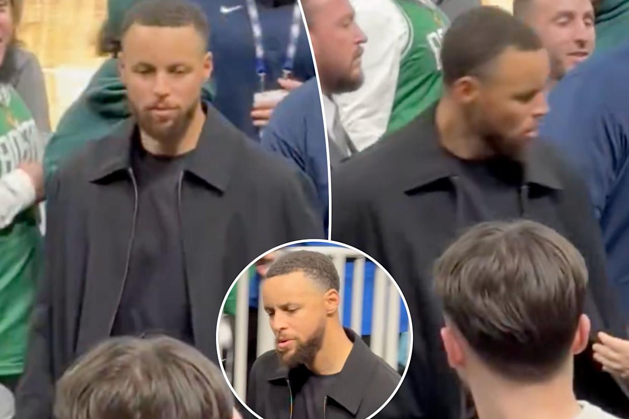 An image collage containing 3 images, Image 1 shows Stephen Curry walks through a crowd at a basketball game, Image 2 shows Stephen Curry walks past a fan filming him, Image 3 shows Stephen Curry in a black jacket looking down