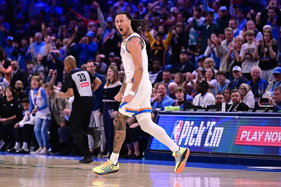 OKLAHOMA CITY, OKLAHOMA - MARCH 15: Jaylin Williams #6 of the Oklahoma City Thunder celebrates a made basket during the second half against the Minnesota Timberwolves at Paycom Center on March 15, 2026 in Oklahoma City, Oklahoma. NOTE TO USER: User expressly acknowledges and agrees that, by downloading and or using this photograph, User is consenting to the terms and conditions of the Getty Images License Agreement. (Photo by Joshua Gateley/Getty Images)