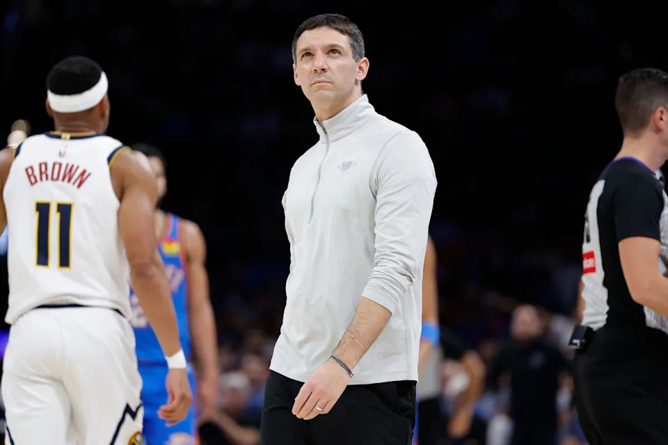 Mar 9, 2026; Oklahoma City, Oklahoma, USA; Oklahoma City Thunder Head Coach Mark Daigneault looks at the scoreboard during a time out against the Denver Nuggets during the second half at Paycom Center. Mandatory Credit: Alonzo Adams-Imagn Images