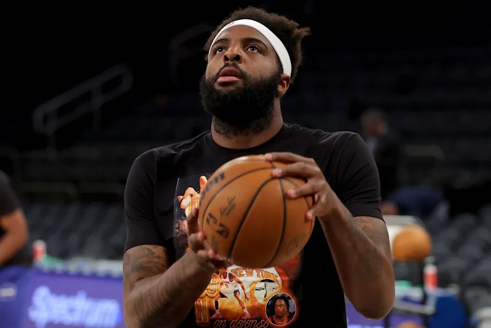Apr 11, 2025; New York, New York, USA; New York Knicks center Mitchell Robinson (23) warms up before a game against the Cleveland Cavaliers at Madison Square Garden. Mandatory Credit: Brad Penner-Imagn Images