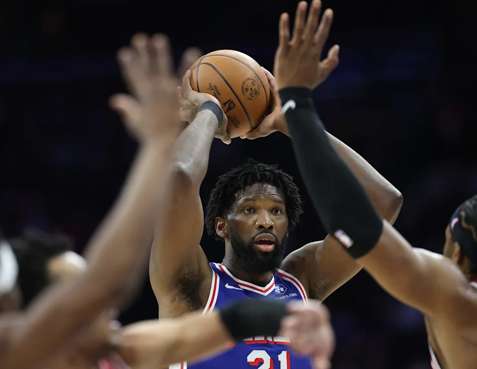 Mar 25, 2026; Philadelphia, Pennsylvania, USA; Philadelphia 76ers center Joel Embiid (21) controls the ball against the Chicago Bulls during the second quarter at Xfinity Mobile Arena. Mandatory Credit: Bill Streicher-Imagn Images