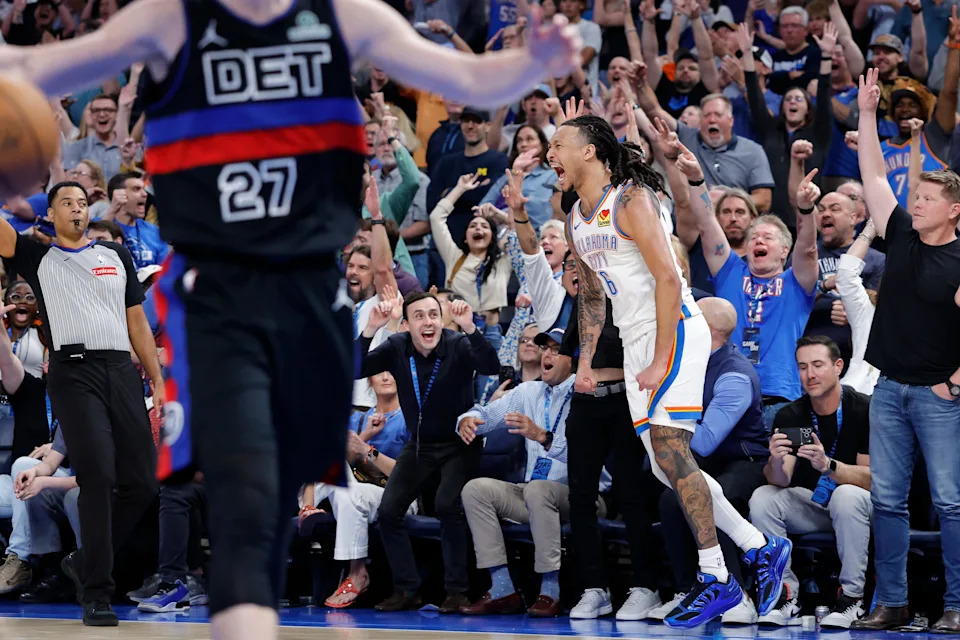 Mar 30, 2026; Oklahoma City, Oklahoma, USA; Oklahoma City Thunder forward Jaylin Williams (6) celebrates after scoring against the Detroit Pistons during the second half at Paycom Center. Mandatory Credit: Alonzo Adams-Imagn Images