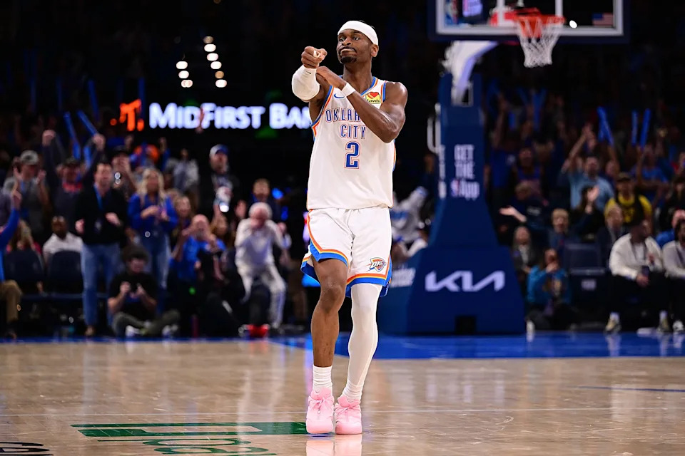 OKLAHOMA CITY, OKLAHOMA - MARCH 7: Shai Gilgeous-Alexander #2 of the Oklahoma City Thunder celebrates a made basket during the second half against the Golden State Warriors at Paycom Center on March 7, 2026 in Oklahoma City, Oklahoma. NOTE TO USER: User expressly acknowledges and agrees that, by downloading and or using this photograph, User is consenting to the terms and conditions of the Getty Images License Agreement. (Photo by Joshua Gateley/Getty Images)