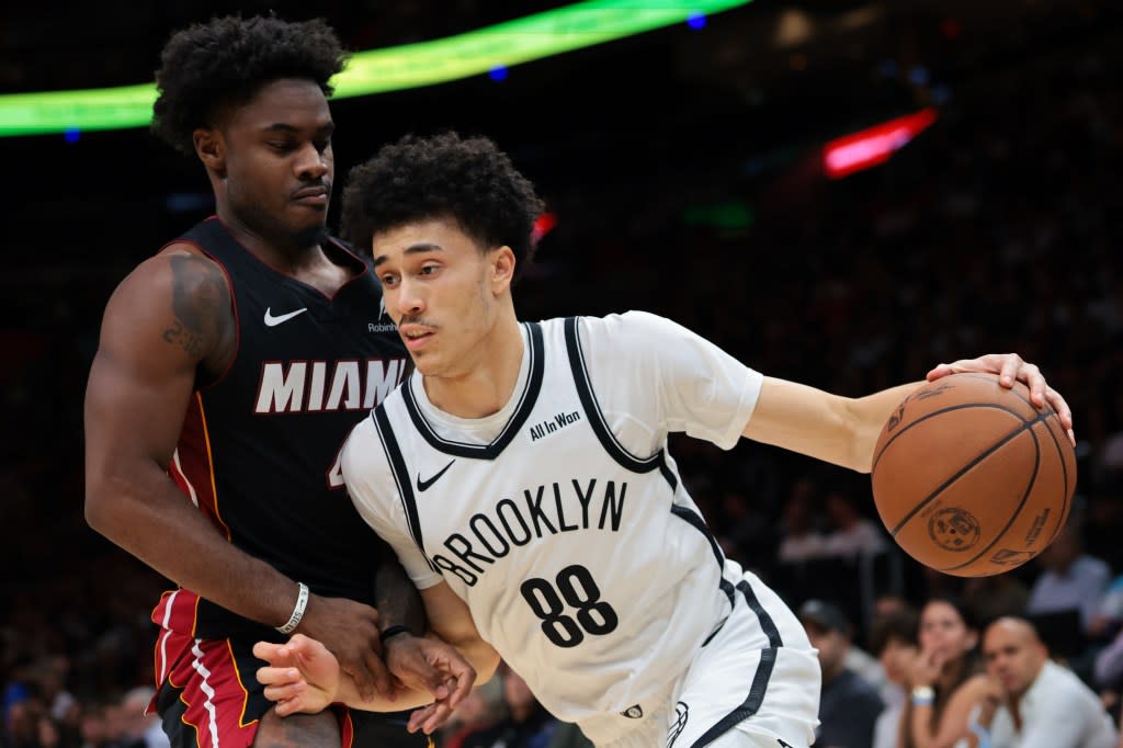 Nets guard Nolan Traore turned the ball over six times against the Heat on Tuesday. Imagn Images