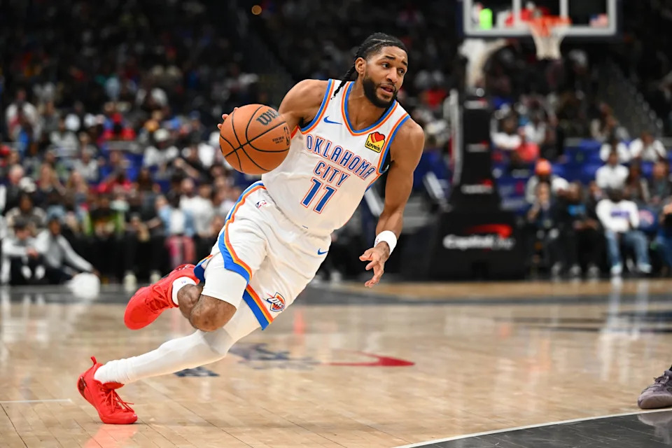 Mar 21, 2026; Washington, District of Columbia, USA; Oklahoma City Thunder guard Isaiah Joe (11) advances the ball against the Washington Wizards during the second half at Capital One Arena. Mandatory Credit: Brad Mills-Imagn Images