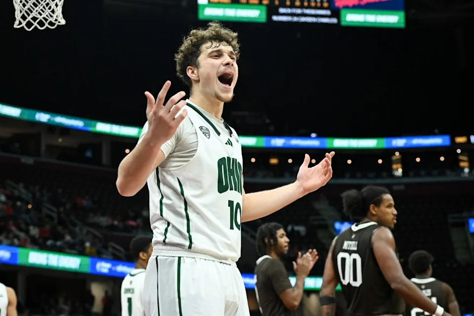 Aidan Hadaway #10 of the Ohio Bobcats reacts during the second half of the 2025 Cleveland Hoops Showdown against the St. Bonaventure Bonnies. Getty Images