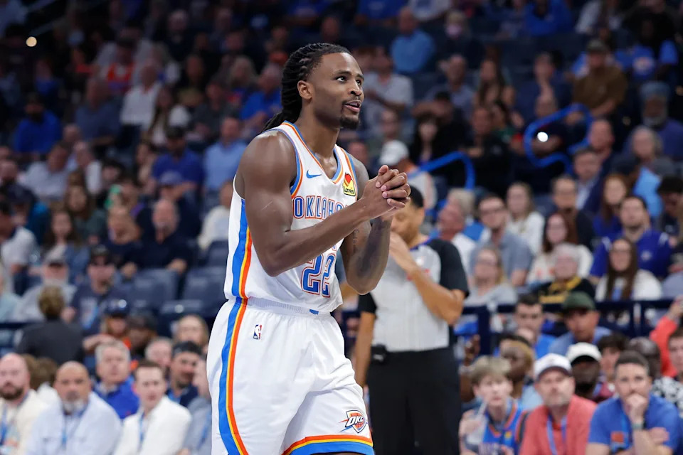 Mar 30, 2026; Oklahoma City, Oklahoma, USA; Oklahoma City Thunder guard Cason Wallace (22) reacts after a play against the Detroit Pistons during overtime at Paycom Center. Mandatory Credit: Alonzo Adams-Imagn Images