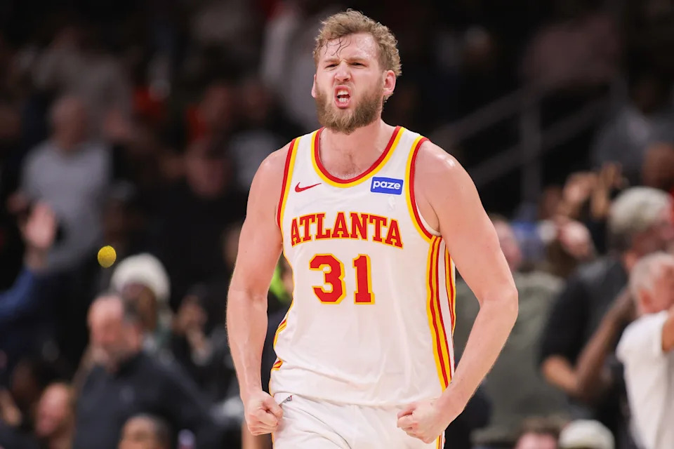 Feb 5, 2026; Atlanta, Georgia, USA; Atlanta Hawks center Jock Landale (31) reacts after a basket against the Utah Jazz in the fourth quarter at State Farm Arena. Mandatory Credit: Brett Davis-Imagn Images