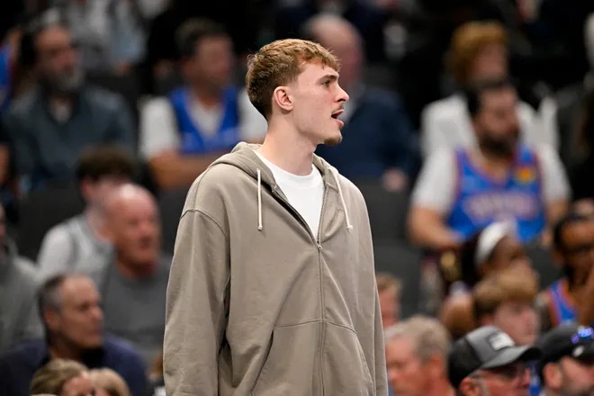Mar 1, 2026; Dallas, Texas, USA; Dallas Mavericks forward Cooper Flagg (32) looks on from the team bench during the second half against the Oklahoma City Thunder at the American Airlines Center. Mandatory Credit: Jerome Miron-Imagn Images