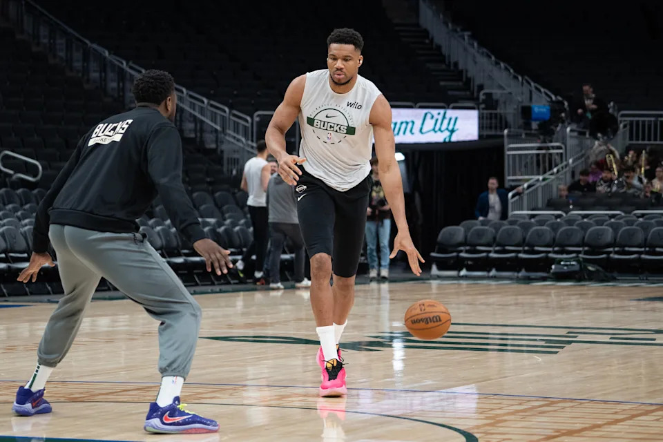 Bucks forward Giannis Antetokounmpo warms up before the team’s game March 2 against the Boston Celtics at Fiserv Forum.