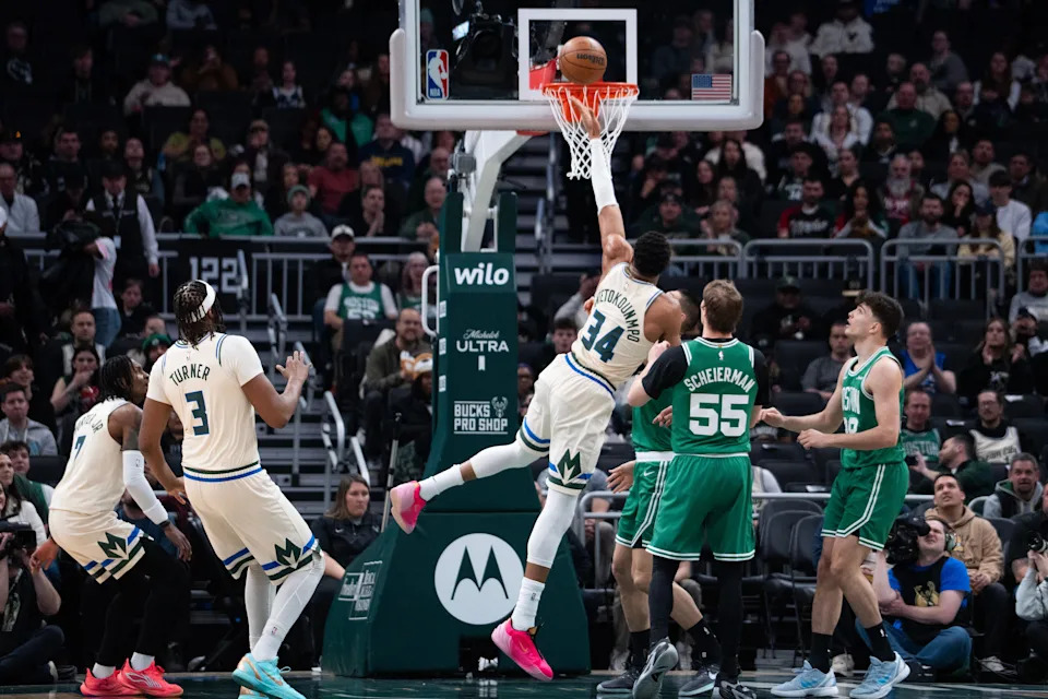 Bucks forward Giannis Antetokounmpo scores against the Celtics in their game March 2 at Fiserv Forum.